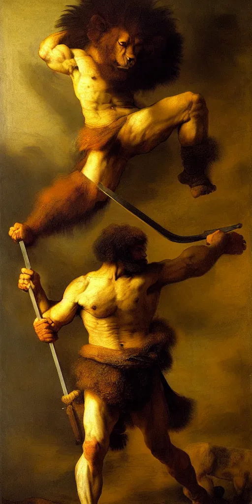 Prompt: muscular_lion_as_barbarian_hunter, full_body backlight with human_legs , very_textured_detailed_oil_painting_by_rembrandt