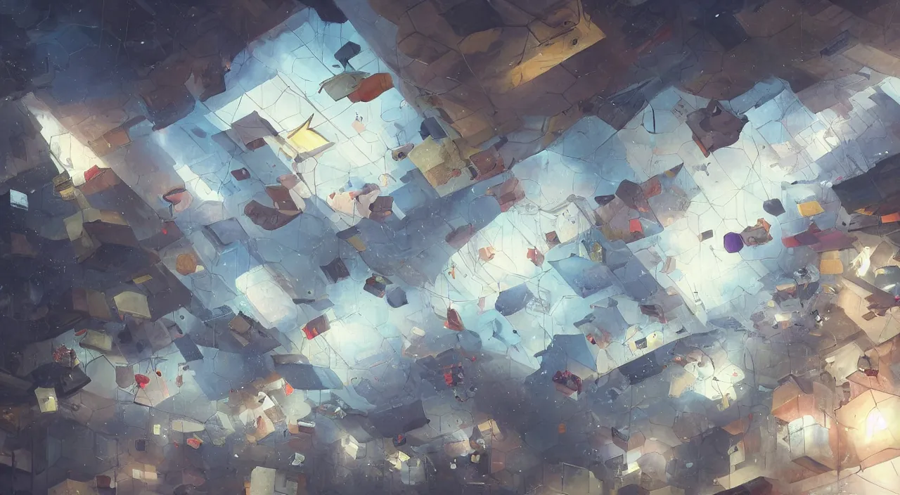 Image similar to tarps hanging from the ceiling making art and hexagons in space being caught with large walls coming from the ground in a museum, painters, magnificent, close up, details, sharp focus, elegant, highly detailed, illustration, by Jordan Grimmer and greg rutkowski and PiNe(パイネ) and 薯子Imoko and 香川悠作 and wlop and maya takamura, intricate, beautiful, Trending artstation, pixiv, digital Art