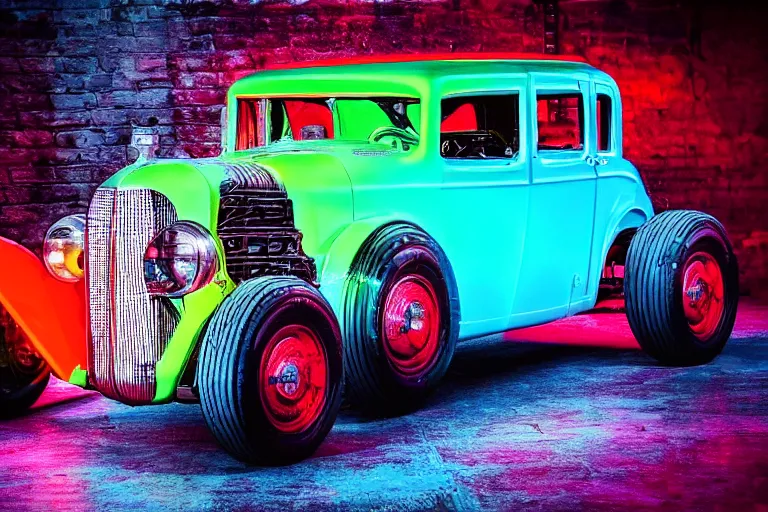 Prompt: full color photo of cyberpunk version of a 1 9 3 0 cadillac v 1 6, neon