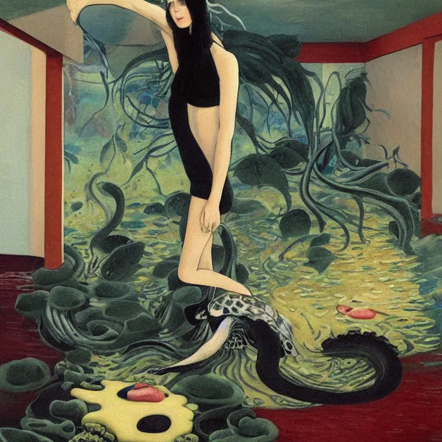 Prompt: tall emo female artist holding a turtle in her flooded apartment, seaweed, pomegranates, octopus, water gushing from ceiling, painting of flood inside an artist's apartment, a river flooding indoors, ikebana, zen, rapids, waterfall, black swans, canoe, berries, acrylic on canvas, surrealist, by magritte and monet