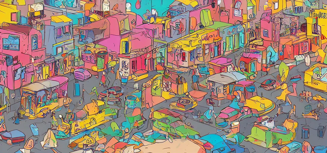 Image similar to an illustration of a funny colorful trashy town by Aurelien Predal