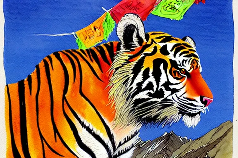 Image similar to a hyperrealist watercolour character concept art portrait of tibetan style tiger in the himalayans. prayer flags adorned. neon flowers. by rebecca guay, michael kaluta, charles vess and jean moebius giraud