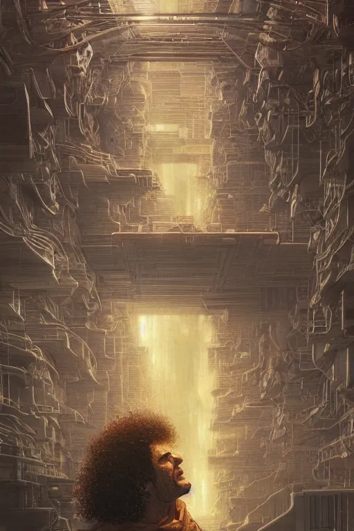 Prompt: a curly - haired persian guy neuromancer by david a hardy, noriyoshi ohrai, gary ruddell, ( greg rutkowski ), salvador dali, moebius, makoto shinkai, highly detailed, cinematic composition, trending on artstation