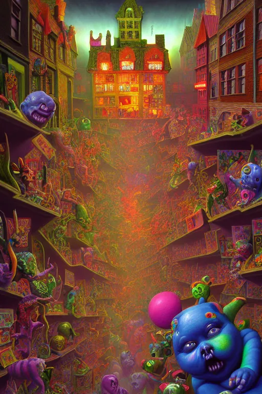 Image similar to a photorealistic painting of an isometric nightmare at the toy store horror by johfra bosschart, lisa frank, dark fantasy art, high detail, trending on artstation