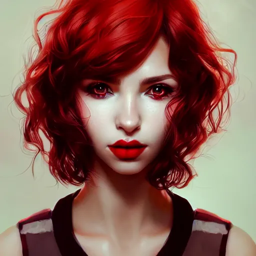 Image similar to a realistic illustration portrait of a beautiful cute girl with curly black and red hair, a pointy nose and, round chin black eyeliner, trending on artstation, hyper - realistic lighting, intricate, ross tran