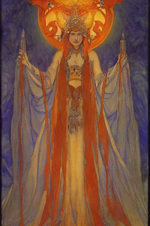 Image similar to queen of the underworld with her lantern, by Annie Swynnerton and Nicholas Roerich and jean delville, dramatic cinematic lighting , ornate headdress , flowing robes, sacred artifacts, lost civilizations, smooth, sharp focus, extremely detailed