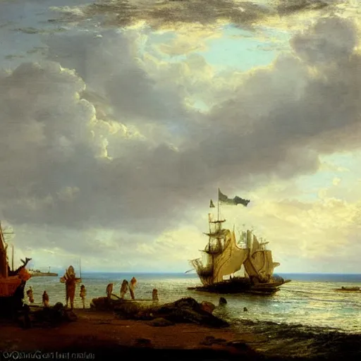 Prompt: a ship docking on the beach next to an island, in the style of andreas achenbach,