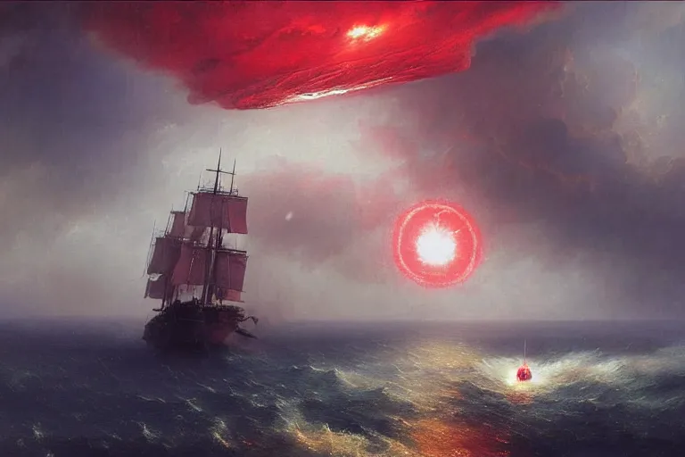 Image similar to A beautiful matte painting of huge spherical alien spaceship attacking with powerful red lasers a Sailship in ocean in thunderstorm by Greg Rutkowski and Ivan aivazovsky