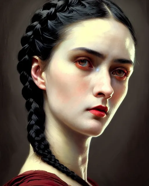 Prompt: noble woman with black hair, red eyes, beautiful girl, close up portrait, moonlight, highkey, braids, realistic, serov, surikov, vasnetsov, repin, kramskoi, paint texture, low aperature, insanely detailed, charlie bowater, tom bagshaw, octane rendered, unreal engine, illustration, trending on artstation, masterpiece