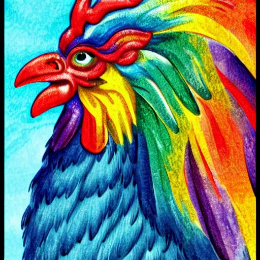 Image similar to Ornate Rainbow Rooster Portrait Antique style Barn background