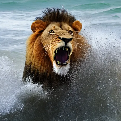 Image similar to a lion's face breaching through a wave