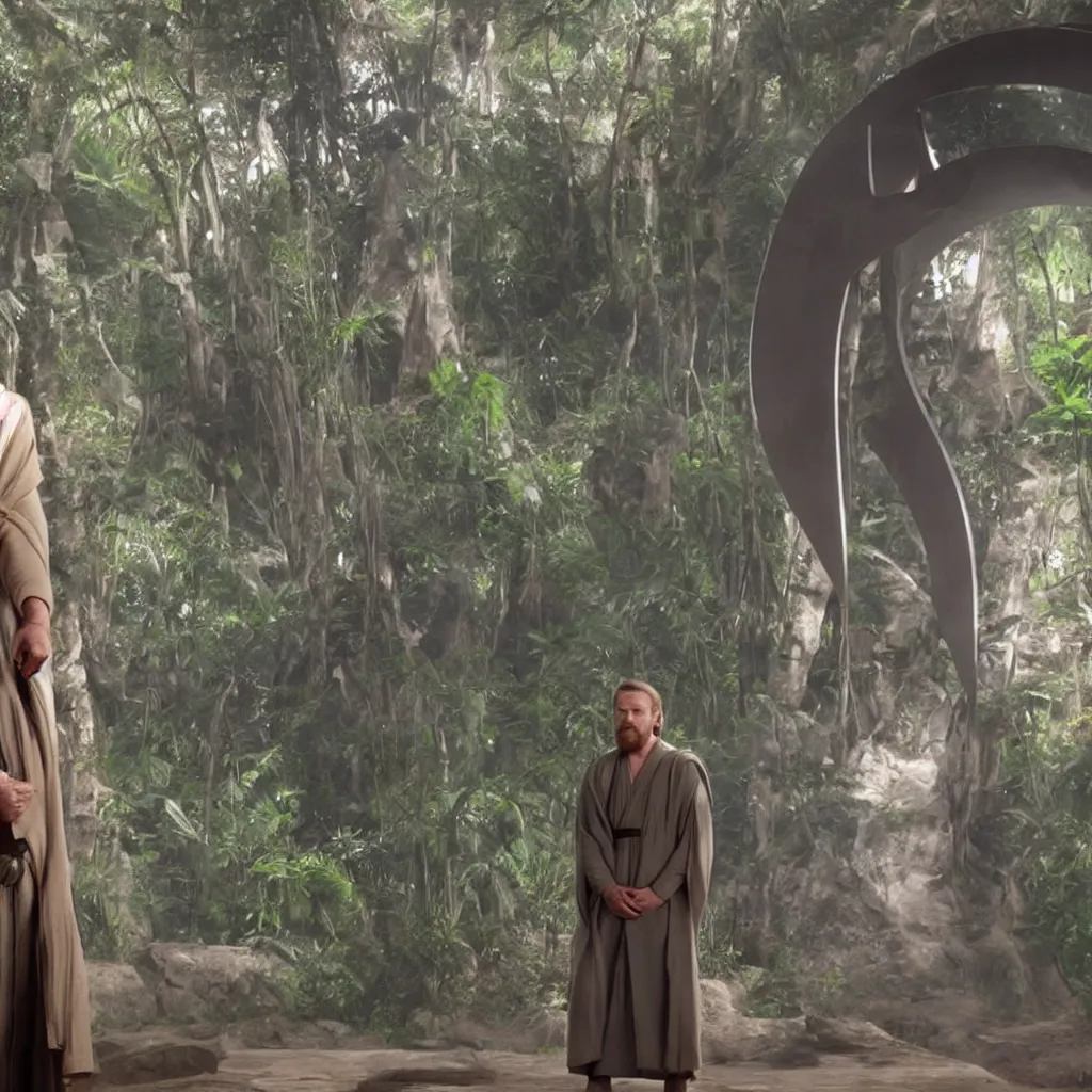 Prompt: obi wan kenobi stands in front of a stargate, alien jungle in the background