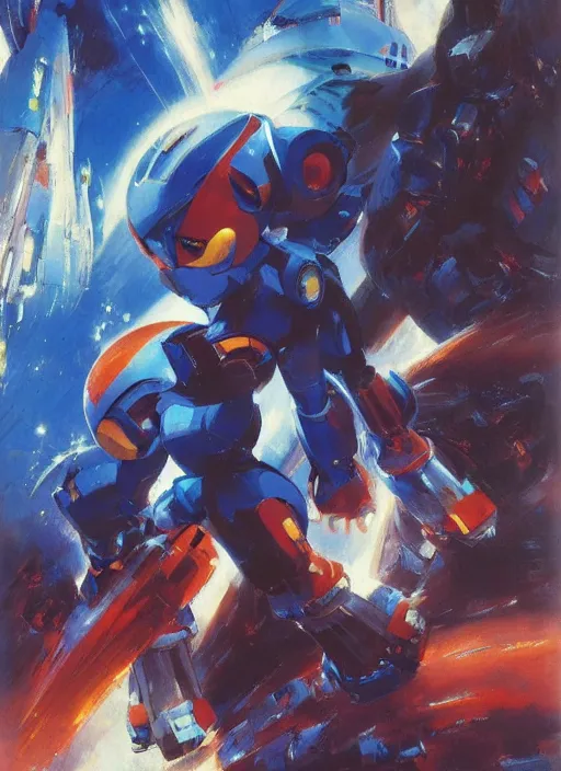 Image similar to Megaman X by John Berkey and Vincent Di Fate, rule of thirds, seductive look, beautiful, in intergalactic hq, ethereal lighting, smooth, masterpiece, Refined