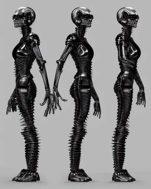 Prompt: H.R. Giger character design, black outfit with metallic and translucent parts. rib-cage is metallic. otherwordly humanoid. that steals faces. full body, render, trending on artstation, unreal engine 4k, detailed, Unreal engine, octane render