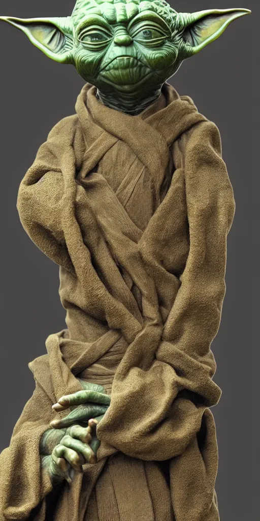 Image similar to detailed photo of an old bronze patina statue of yoda, full body portrait, various pose, photorealism, intricate detail, museum diffuse lighting