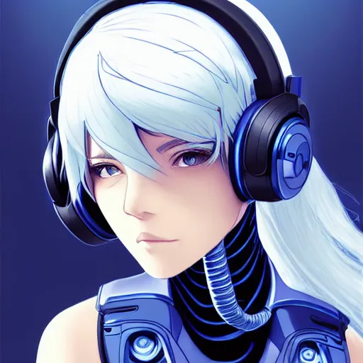 Image similar to cyborg - girl with silver hair, wearing headphones, and sitting on a window sill, highly detailed, painting, dark blue and black color palette, intricate, high quality anime artstyle, in the style of artgerm