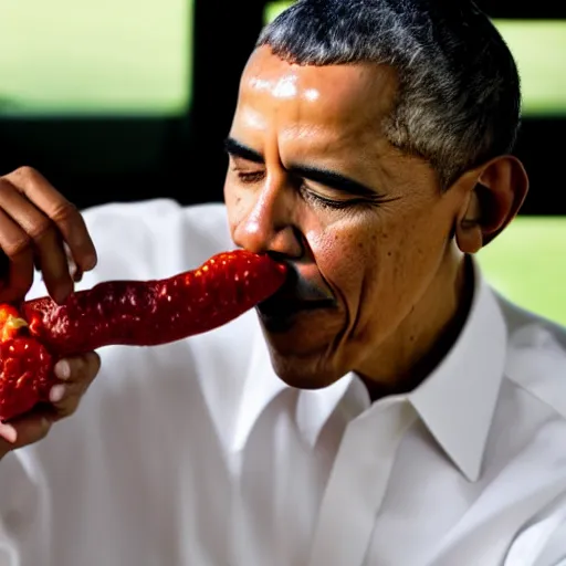 Prompt: barack obama eating a pepper