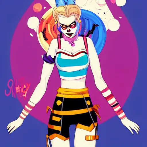 Image similar to kirsten schaal as harley quinn as delirium of the endless, the sandman, rainbow clothes, clean cel shaded vector art. shutterstock. behance hd by lois van baarle, artgerm, helen huang, by makoto shinkai and ilya kuvshinov, rossdraws, illustration