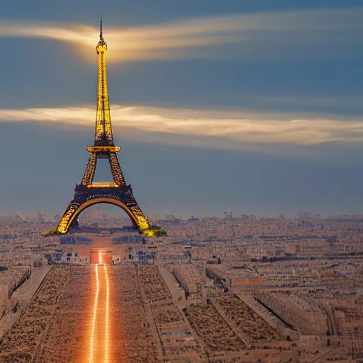 Prompt: photo of Eiffel Tower in Sahara desert, 8K, realistic, magic hour, aerial view