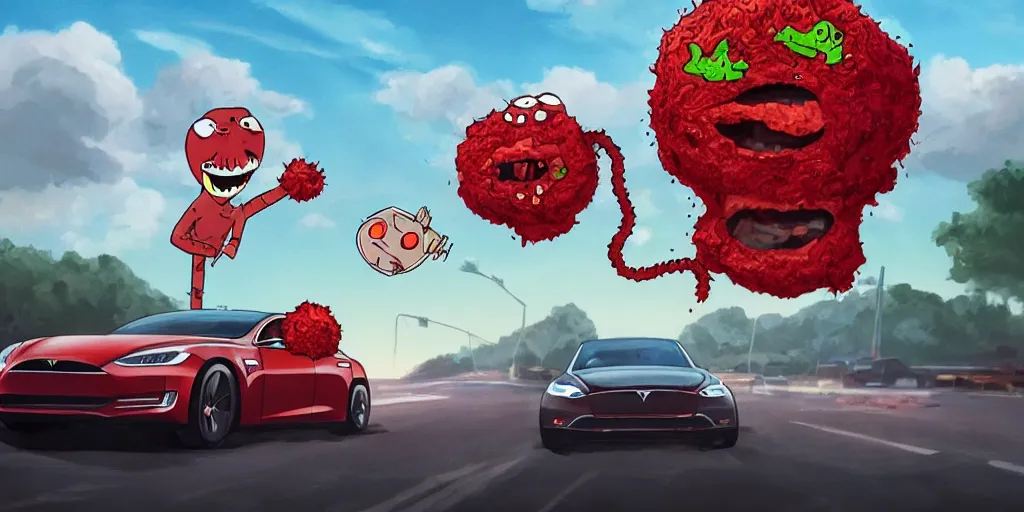 Image similar to Live action Aqua teen hunger force movie, meatwad is driving a tesla, Greg Rutkowski, Darek Zabrocki, Karlkka, Jayison Devadas, Phuoc Quan, trending on Artstation, 8K, ultra wide angle, pincushion lens effect.