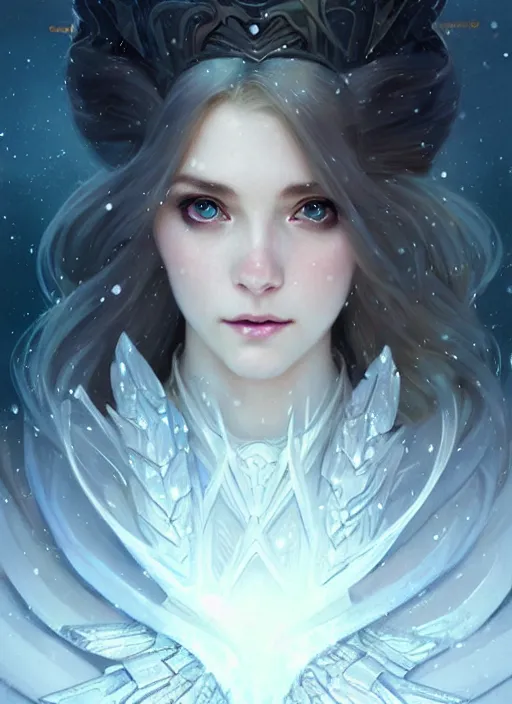 Image similar to a beautiful cinematic female winter goddess, cristal dress, ice wing, galatic shamen with quantum energy fantasy, fantasy magic, undercut hairstyle, dark light night, intricate, elegant, sharp focus, illustration, highly detailed, digital painting, concept art, matte, art by wlop and artgerm and greg rutkowski and alphonse mucha, masterpiece