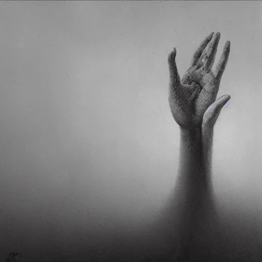 Image similar to hand and arm reaching out of thick fog, zdzislaw beksinski