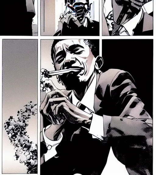 Prompt: a scene of barack obama smoking a blunt, comic book art, by yoji shinkawa and takehiko inoue and kim jung gi, masterpiece, perfect