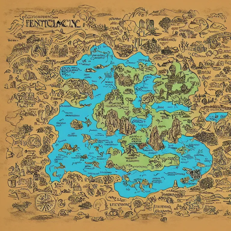 Image similar to imaginary map of a fantacy world, different realms, blueprint, infographic, on paper, natural colors, with notes, highly detailed