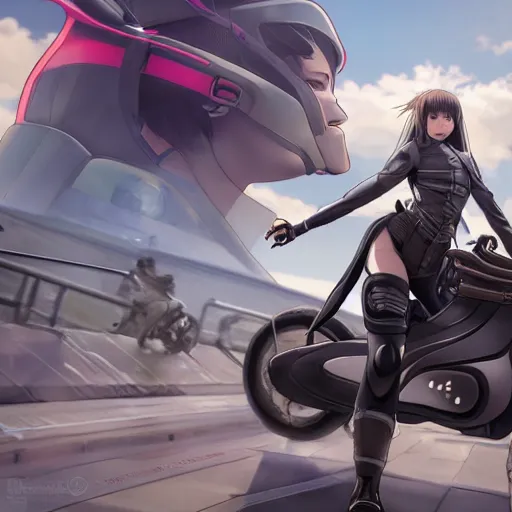 Image similar to panoramic view, a girl riding a motorbike, futuristic, soldier clothing, battlefield in background, anime style, hair down, symmetrical facial features, realistic hands, from arknights, hyper realistic, 4 k, extreme detail, trending artstation, safebooru, realistic lighting, by alphonse mucha, greg rutkowski, sharp focus