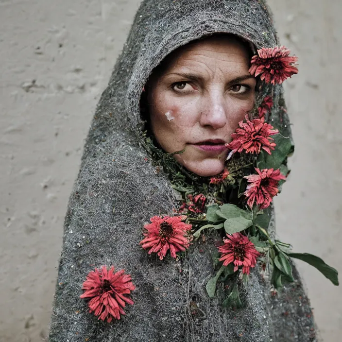 Image similar to a closeup portrait of a woman wearing a hooded cloak made of zinnias and barbed wire, in a derelict house, by Michela Riva, natural light, detailed face, CANON Eos C300, ƒ1.8, 35mm, 8K, medium-format print