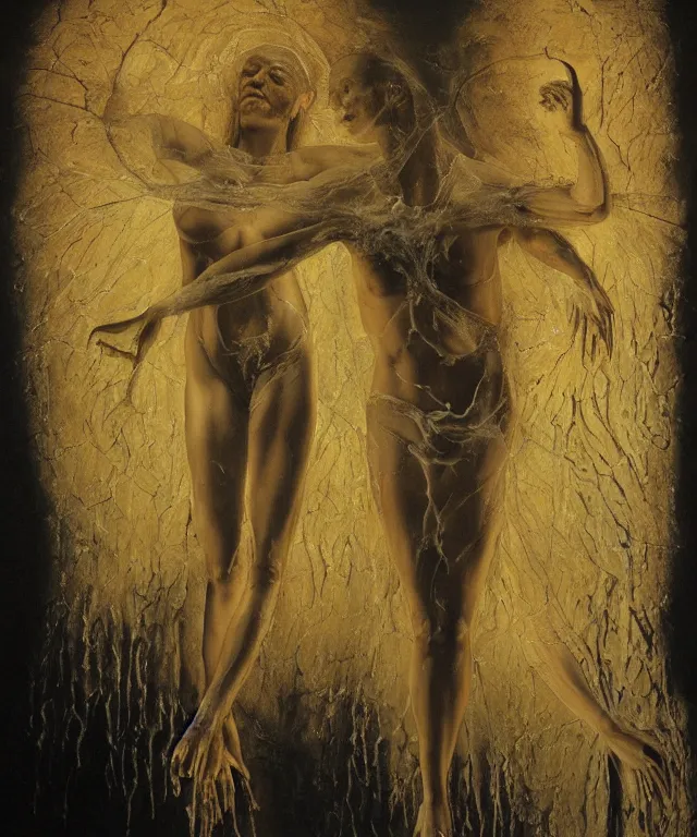 Image similar to Beautiful full-body wax sculpture of glowing transparent woman with visible bones covered with melted white candle wax inside the singularity where stars becoming baroque folds of dark matter by Michelangelo da Caravaggio, Nicola Samori, William Blake, Alex Grey and Beksinski, dramatic volumetric lighting, highly detailed oil painting, 8k, masterpiece