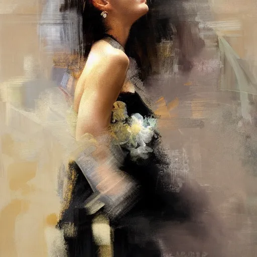 Image similar to spontaneous unfinished romantic portrait, beautiful juicy brush strokes, by Richard schmid and Sargent, low key lighting, black and gold, trending on cgsociety, expressionism, linen canvas