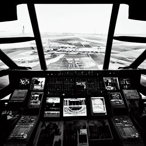 Prompt: inside of an aircraft control tower with windows looking out to an airport, black and white, comic book style, insanely detailed, very intricate, high contrast - n 8