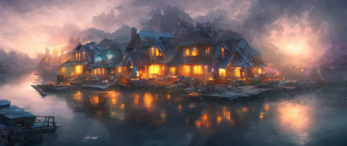 Image similar to fishing village crowded with houses around a lake, concept art, digital painting, style of jordan grimmer, warm lighting, futuristic, volumetric lighting, view from below, vivid colours, bright, daytime, godrays, high detail