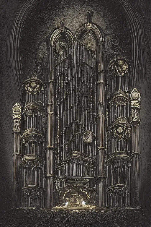 Prompt: illustration of close low angle view of an ornate obsidian gothic pipe organ with gold spidery embellishments, night, smoke, ground fog, by frank frazetta, vincent di fate, obtuse angles, lines, super detailed, digital art, trending on artstation, ornate