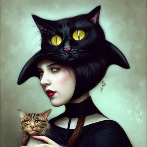 Image similar to a painting of a woman holding a cat, a photorealistic painting by tom bagshaw and ( ( ( mark ryden ) ) ), trending on deviantart, gothic art, ilya kuvshinov, goth, storybook illustration