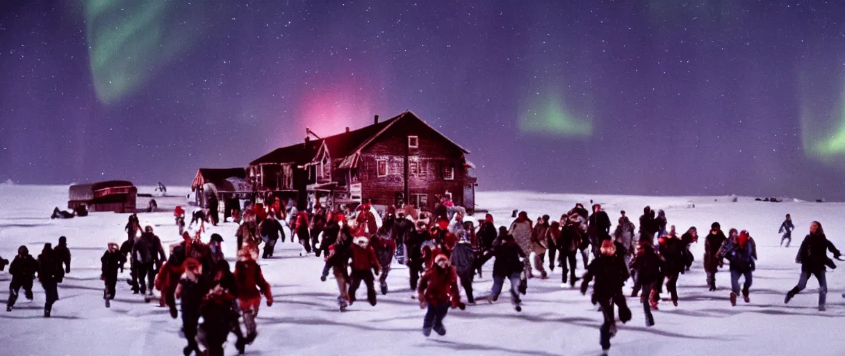 Image similar to filmic extreme wide shot movie still 4 k uhd exterior shot 3 5 mm film color photograph of a crowd of people people running in terror around a village in the antarctic at night with the northern lights lighting up the sky, in the style of the horror film the thing 1 9 8 2