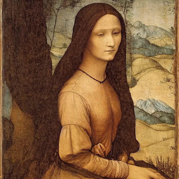 Image similar to a portrait of a woman painted by leonardo da vinci. the woman in the painting is shown seated with her hands folded in her lap. she is wearing a simple dress with a pattern of flowers. her hair is pulled back from her face and she has a small, faint smile. the background of the painting is a landscape of rolling hills and mountains.