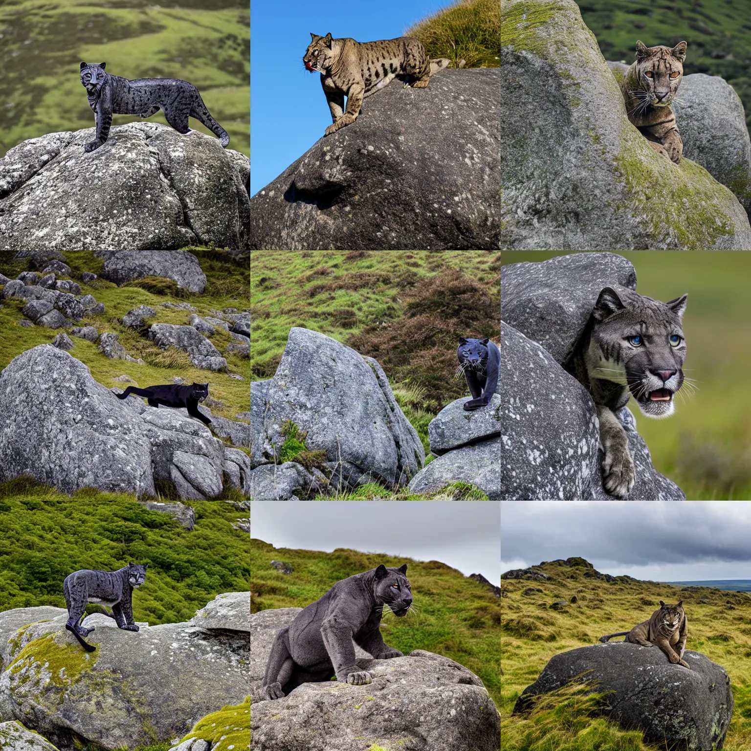 Prompt: a panther on a granite rock outcrop in dartmoor national park