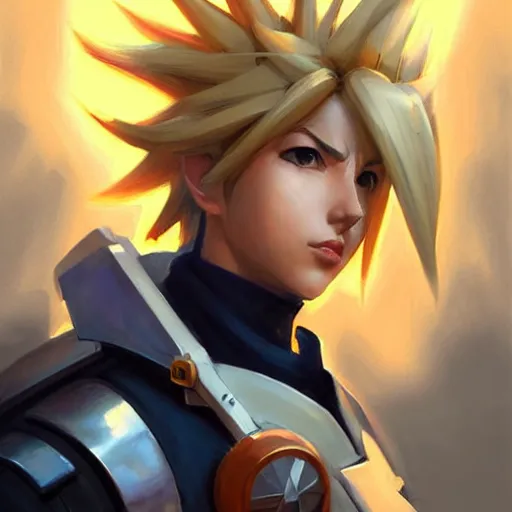 Image similar to Greg Manchess portrait painting o Cloud Strife as Overwatch character, medium shot, asymmetrical, profile picture, Organic Painting, sunny day, Matte Painting, bold shapes, hard edges, street art, trending on artstation, by Huang Guangjian and Gil Elvgren and Sachin Teng