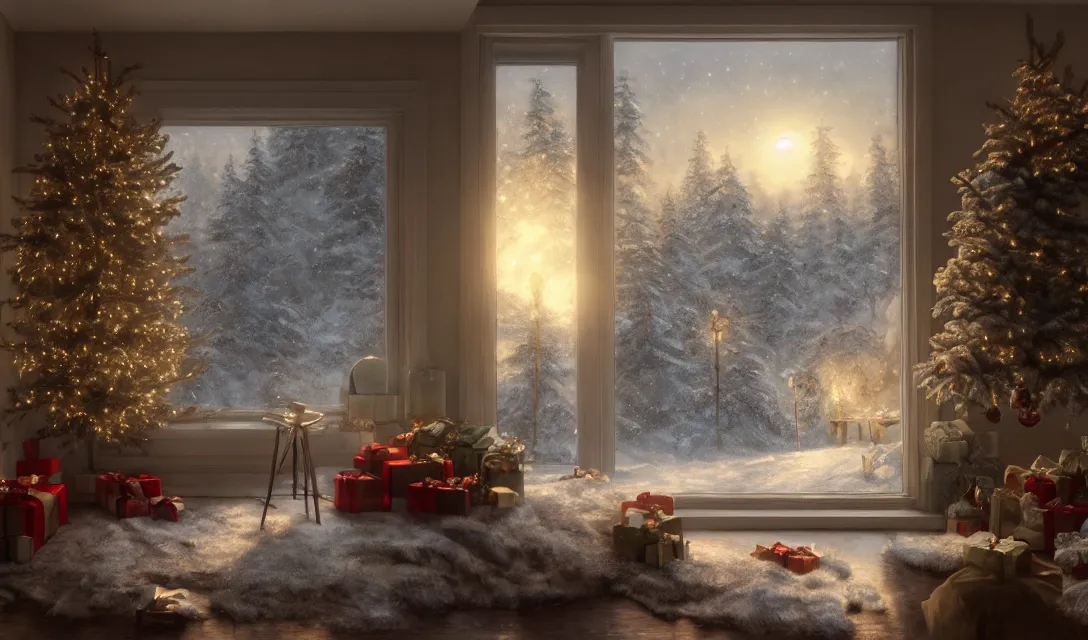 Image similar to a christmas eve in a beautiful home, photorealistic landscape painting on the wall, ascher clemens, home, interior, octane render, deviantart, greg rutkowski, cinematic, key art, hyperrealism, canon eos c 3 0 0, ƒ 1. 8, 3 5 mm, 8 k, medium - format print