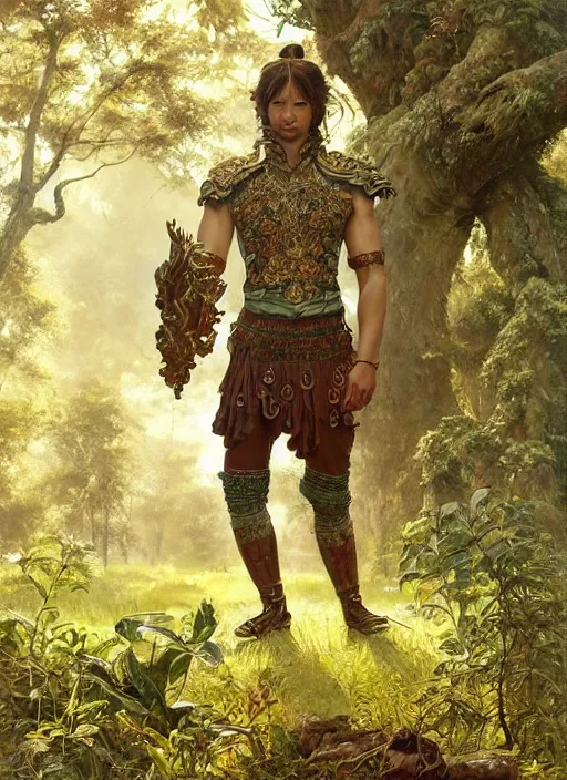 Image similar to intricate detailed portrait painting of a male warrior on a beautiful forest meadow, temple ruins surrounded by lush forest, afternoon, intricate, elegant, highly detailed, digital painting, sharp, focus, illustration art by artgerm and greg rutkowski and alphonse mucha