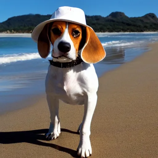 Image similar to a beagle in summer beach wearing hat