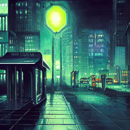 Prompt: dark city bus stop, painting by Dan Mumford and Filip Hodas,ArtStation