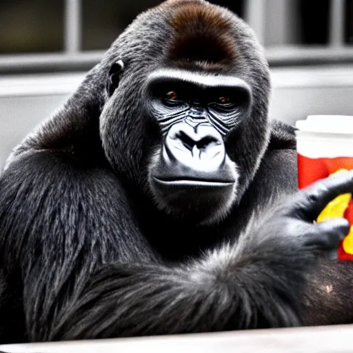 Prompt: detailed sharp photo of a gorilla eating a burger inside a McDonald's in santa fe