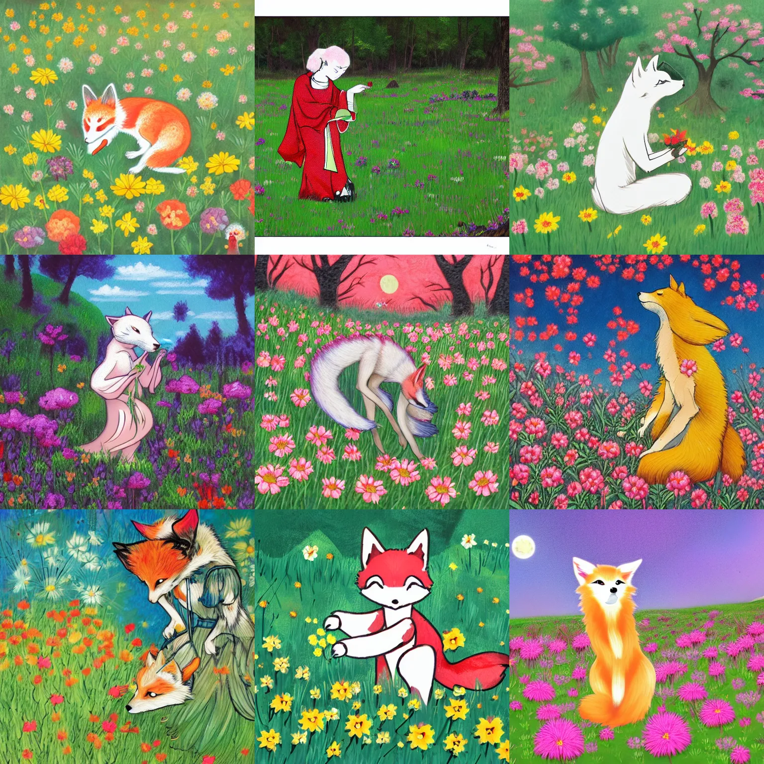 Prompt: Kitsune picking flowers in a meadow