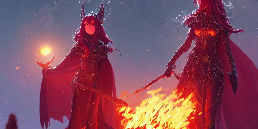 Image similar to an elven sorceress with red long hair in a very good beautiful heavy scale armor, wearing a cape, casting a fire spell, dungeon background, magical, bright, colorful, fantastic lighting, amazing details, 4 k uhd, illustration by hayao miyazaki and makoto shinkai and ilya kuvshinov, artstation, pixiv,