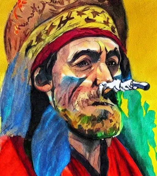 Prompt: Painting in a style of Lord of the rings of a shaman dressed in a colorful traditional clothes. He is smoking a pipe