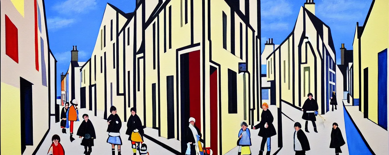 Image similar to a painting of street life in kirkwall orkney, by Bridget Riley