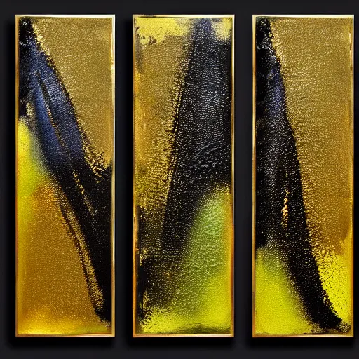 Prompt: a pour painting triptych, gold black green colors, abstract, thick paint, glossy, resin coated